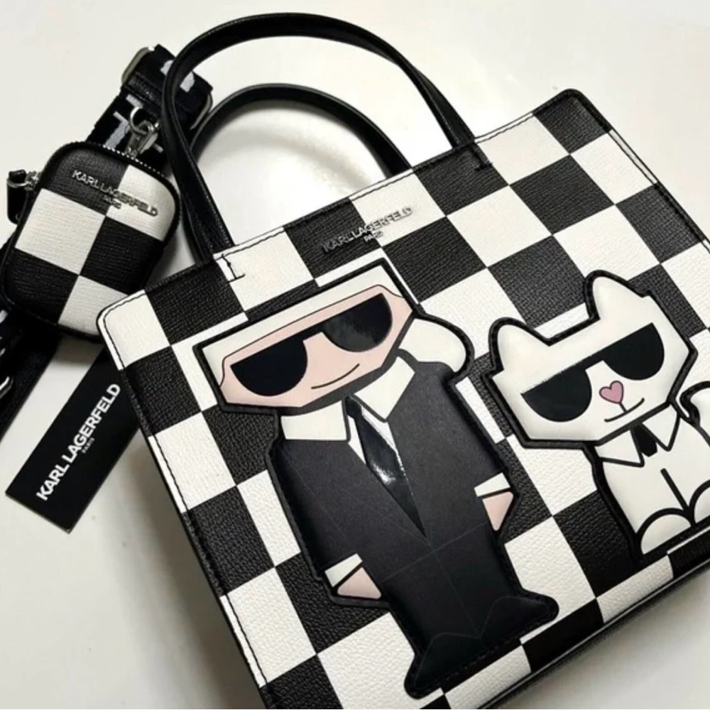 NWT $230 Karl Lagerfeld Paris Maybelle Checkered Satchel Crossbody Black & White